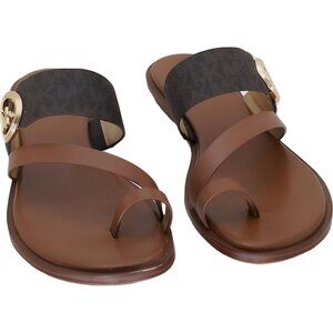 Michael Kors Vera Toe-Ring Slide Sandals Brown Logo Hardware US 8.5M